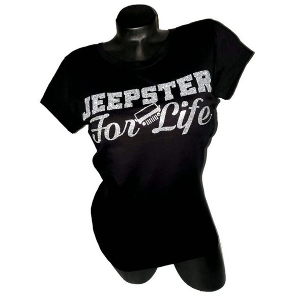 Jeepster For Life Fitted Spandex Black Tee with Shiny Lettering. - Picture 1 of 6
